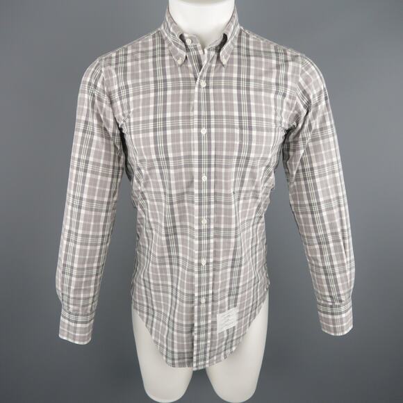 THOM BROWNE Size S Grey Plaid Cotton Button Down Long Sleeve Shirt - Picture 1 of 9